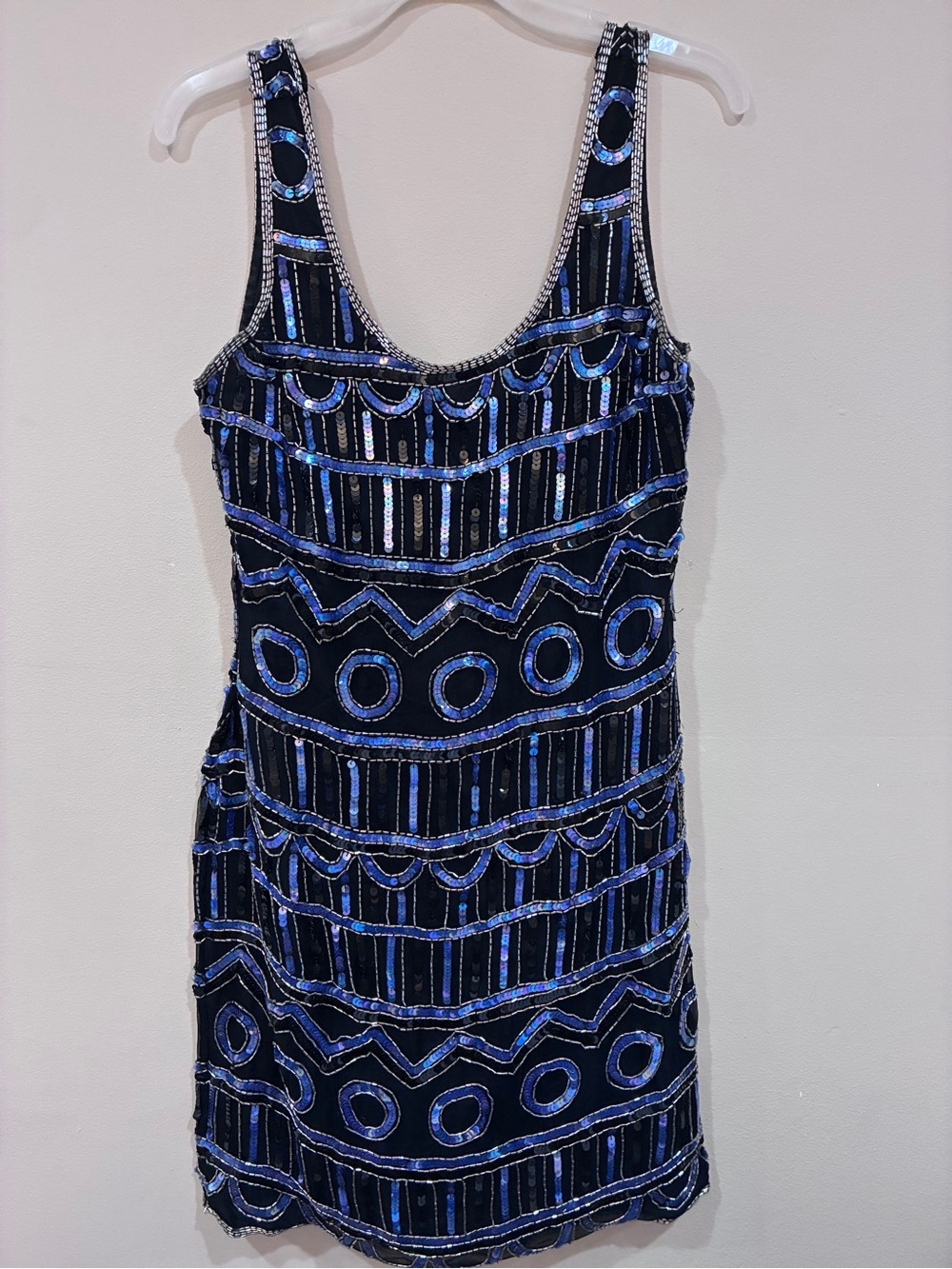 Laurence Kazar Navy and Blue‎ Silk Beaded Mini Dress